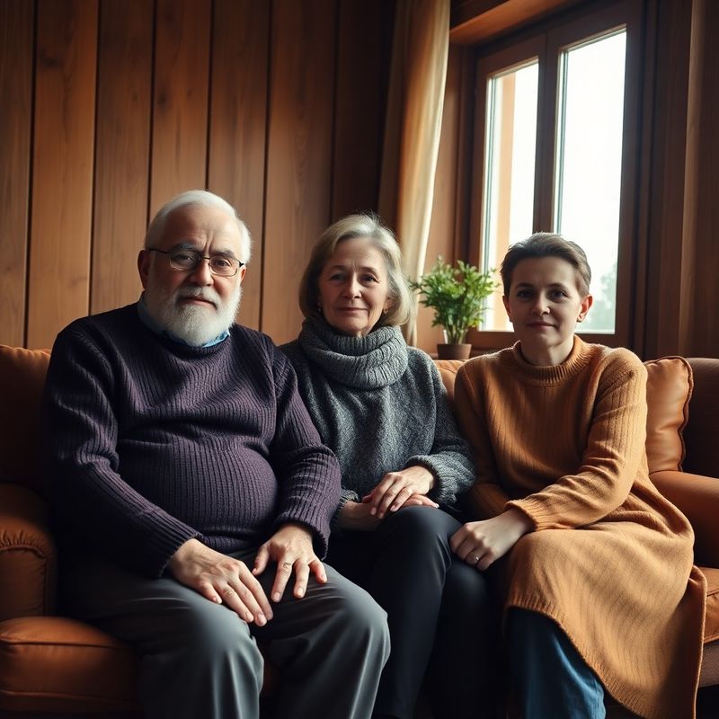 Trei generații ale unei familii româneşti într-o cameră tapetată cu lemn
